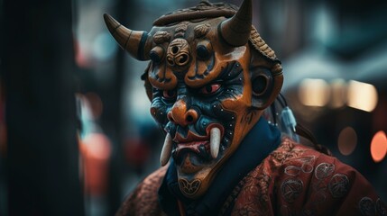 Fototapeta na wymiar Close-up Portrait of Person Wearing Asian Dragon Mask for Cultural and Festive Themes. Orc like make up, generative ai