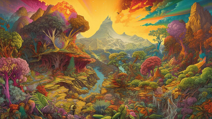 an incredible landscape filled with life and lush nature. fantasy world. generative ai.