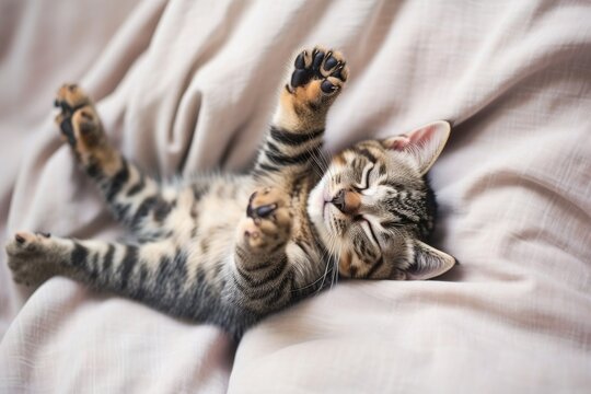 Adorable isolated kitten sleeping on the bed