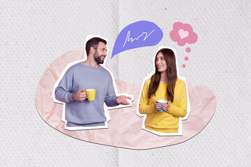 Creative photo collage of two young lovers conversation speak together phrase information dialogue...