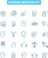 Human mentality vector line icons set. Mindset, Attitude, Perception, Cognition, Reasoning, Thought, Psychology illustration outline concept symbols and signs