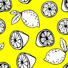 Decorative seamless vector pattern with doodle lemon on yellow background. Graphic doodle sketch lemons pattern