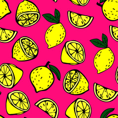 Vector seamless decorative pattern with lemons on vibrant pink background. Graphic doodle sketch lemons modern pattern