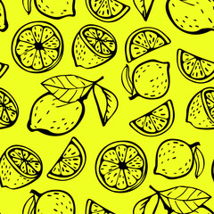 Vector seamless pattern with graphic doodle lemons on yellow background. Graphic decorative yellow pattern with lemons