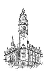 Historic building with a clock tower in Lille, France, pencil style sketch illustration.