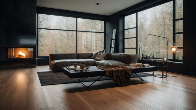 Int&eacute;rieur d'un appartement de luxe avec de grandes baies vitr&eacute;es, parquet, chemin&eacute;e et mobilier moderne