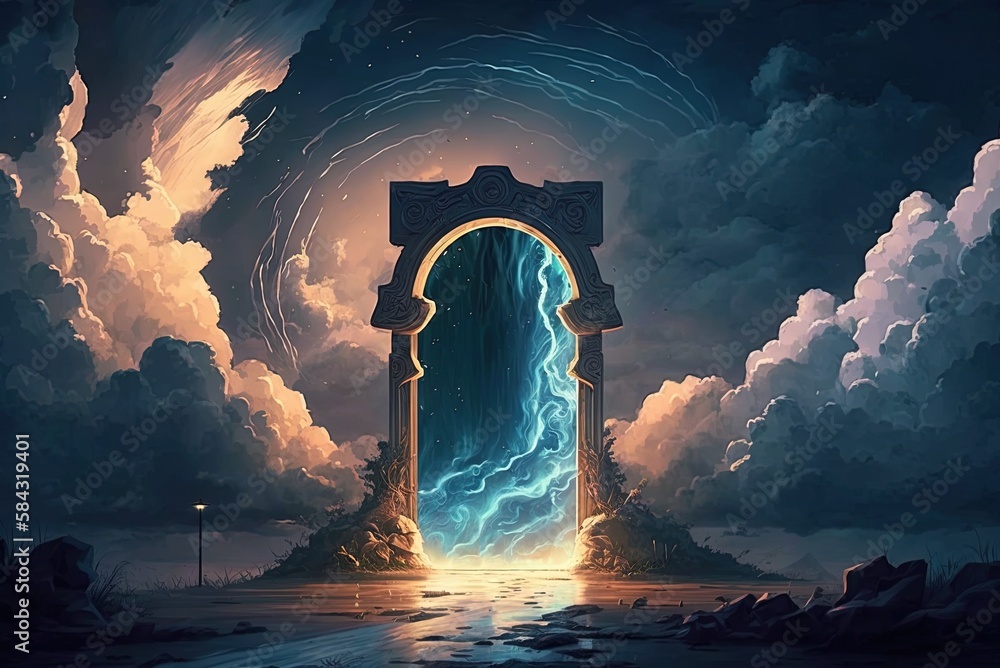 Poster lightning roars over a shimmering entrance to another realm as clouds roll in. generative ai