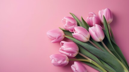 Obraz premium Stunning pink tulips on soft pink background - delicate, feminine, and perfect for any project, empty copy space, generative ai
