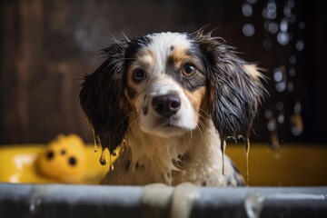Photograph of Cute Wet Dog in Bathtub with Foam