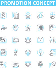 Promotion concept vector line icons set. Advertising, Marketing, Raising, Boosting, Campaigning, Publicizing, Advancing illustration outline concept symbols and signs