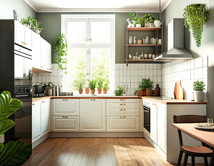 Modern kitchen interior with white furniture and wood countertops cabinets shelves and cupboards. Green pot plants big window. Farmhouse country house design ideas