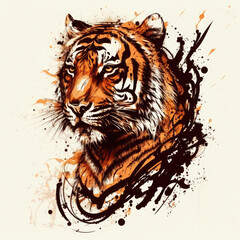 Stylized tiger head portrait on white background. Generative AI illustration.