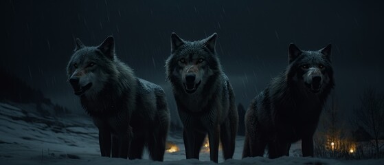 Wolf pack in the night. Generative AI