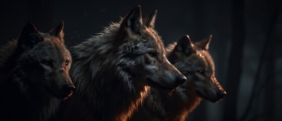Wolf pack in the night. Generative AI