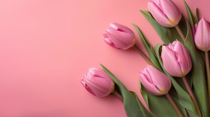 pink tulips on a pink wall, isolated background, blank empty copy space, template for text, mothers day, feminine fresh cute flowers, generative ai