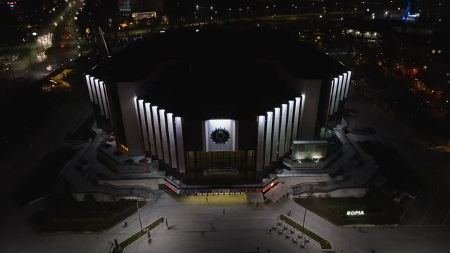 National Palace of Culture in Sofia, Bulgaria shot from above at night with a Mavic 3 drone