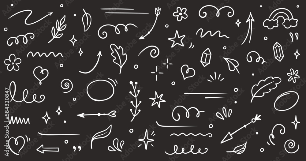 Aufkleber Sketch element line set on chalkboard. Abstract nature element decoration graphic icon set. Sketch hand drawn line element for brush, abstract decoration design. Vector illustration
