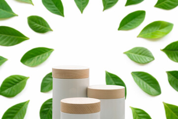 Minimal podium tabletop floor outdoors blur fresh green leaf white background.Organic herbal healthy natural product placement pedestal promotion stand display,tropical nature forest jungle concept...