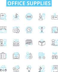 Office supplies vector line icons set. Stationery, Paper, Pencils, Pens, Envelopes, Folders, Post-it illustration outline concept symbols and signs