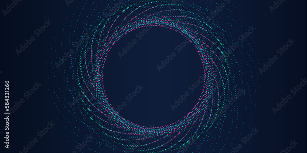 Poster Vector abstract circle frame with wavy rounded lines pattern flowing in glitch colors isolated on dark background for quantum innovation computer technology. Digital big data visualization. Artificial