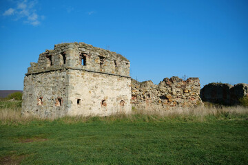 Stone tower in Pniv Castle - medieval historical object in western Ukraine