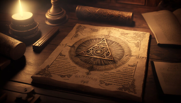 Mysterious ancient illuminati occult manuscript on wooden table created with Generative AI