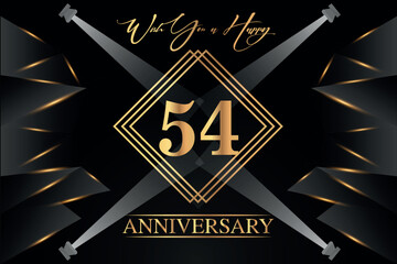 54 year anniversary celebration luxury golden color logo design with elegance gold line and number on black background