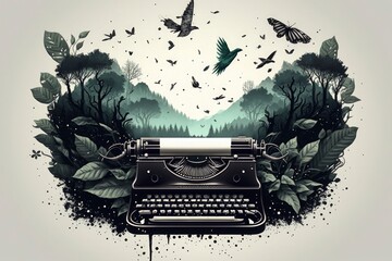 Writer creativity imagination concept illustration, typewriter flying over amazon forest natural landscape. Generative AI