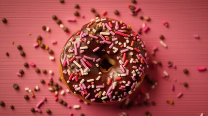 donut with icing and sprinkles, glazed doughnut on pink background, cozy bakery blank empty copy space