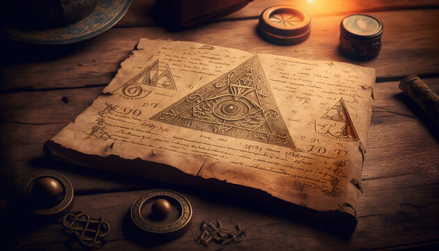 Mysterious ancient illuminati occult manuscript on wooden table created with Generative AI