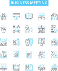 Business meeting vector line icons set. Business, Meeting, Conference, Client, Agenda, Group, Strategy illustration outline concept symbols and signs