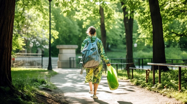 A person walking through a park carrying a reusable water bottle, wearing eco-friendly clothing, and carrying a tote bag made from repurposed materials, Created with generative Ai Technology.