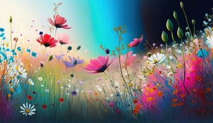 Fototapeta na wymiar Colorful abstract flower meadow as panorama background. Generative AI.