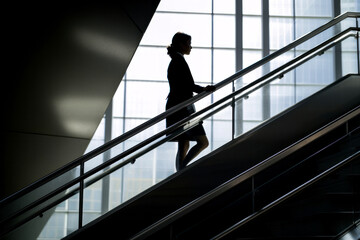 Fototapeta na wymiar A business woman walking up a staircase in a modern office. female leadership. Generative ai