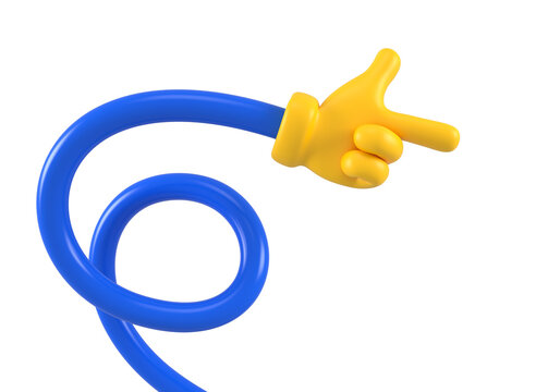 Yellow emoji long flexible twisted hand showing or pointing gesture isolated. Close up icon, symbol, signal and sign. 3d rendering.