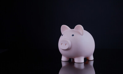 Concept saving investment. Piggy bank on isolated black background, save cash coin money, wealth, deposit, financial, money box, rich, finance and economy, investor, business growth, coin bank.