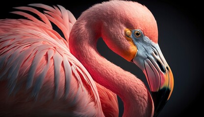 Pink flamingo close up portrait. Generative AI.