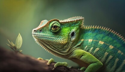 Fototapeta premium Green colored chameleon close up. Generative AI.