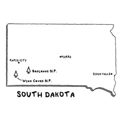 Vector hand drawn map of South Dakota SD with main cities and US National Parks. US States USNPs black and white illustrated map. Full vector global color swatch different layer for ease of use