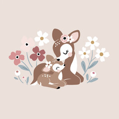 Cute vintage fawn mom and baby with summer flowers.  Perfect for tee shirt logo, greeting card, poster, invitation or print design.
