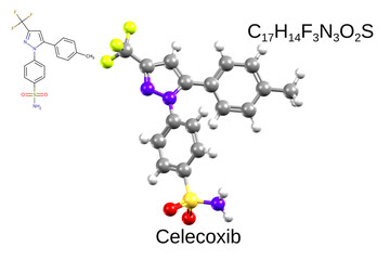 Chemical formula, structural formula and 3D ball-and-stick model of celecoxib, a COX-2 inhibitor
