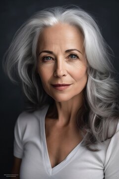 Alluring Older Woman Hot Fox Grey Hair And White Shirt Posing Portrait Top Selection Meet Actor Behind Scenes Long Flowing Mother High Cheekbones, Generative Ai