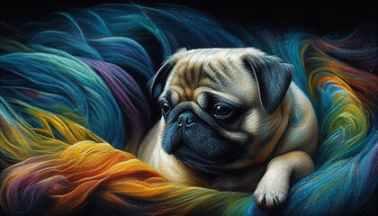 Pug puppy in a colorful blanket