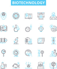 Biotechnology vector line icons set. Biotech, Genetics, Bioengineering, Genomics, Recombinant, Microbiology, Enzymes illustration outline concept symbols and signs