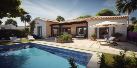 Vue extérieure d'une villa spacieuse et moderne de style Méditerranéen avec piscine et mobilier de jardin - Générer par IA 
