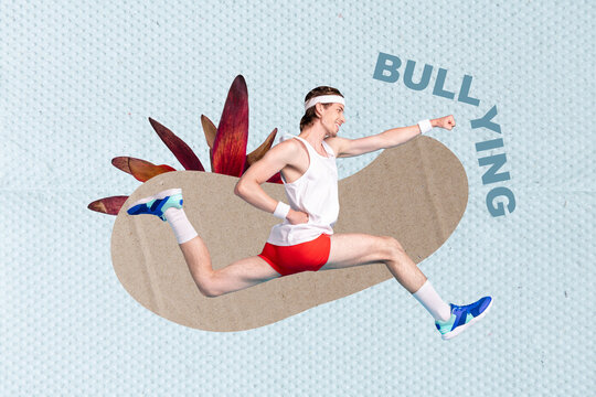 Creative design minimal collage template of sportsman funny runner man wear headband fist versus bullying stop offense isolated on blue background - Powered by Adobe