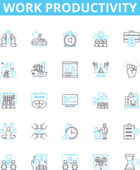Work productivity vector line icons set. Efficiency, Productivity, Quality, Output, Results, Accomplishments, Proficiency illustration outline concept symbols and signs
