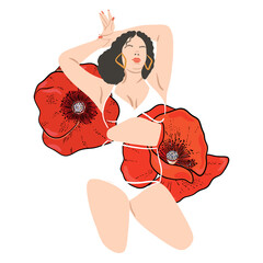 Body positive. Self-love. Love for your body. The woman in her underwear with red poppies flowers. Plus size beautiful lady. Women's solidarity and women's empowerment.