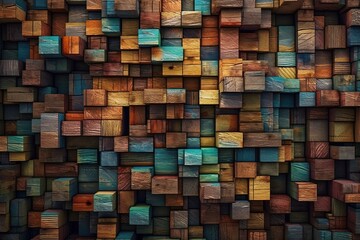 Wood aged art architecture texture abstract block stack on the wall for background, Abstract colorful wood texture for backdrop. , Generative AI