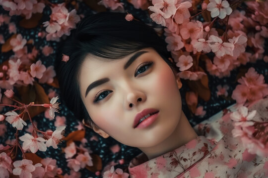 Beautiful Young Japanese woman lies surrounded by branches of cherry blossoms. Photorealistic illustration generated by AI.